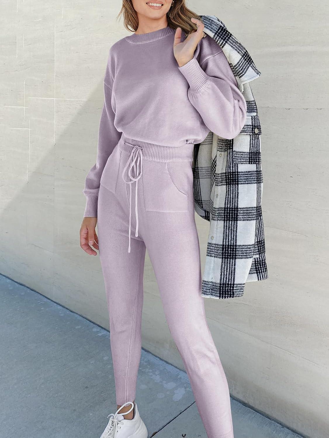 imageANRABESS Womens Two Piece Outfits Sweater Sets Long Sleeve Knit Pullover and Jogger Pants Tracksuit Lounge Set 2024 ClothesLight Pruple