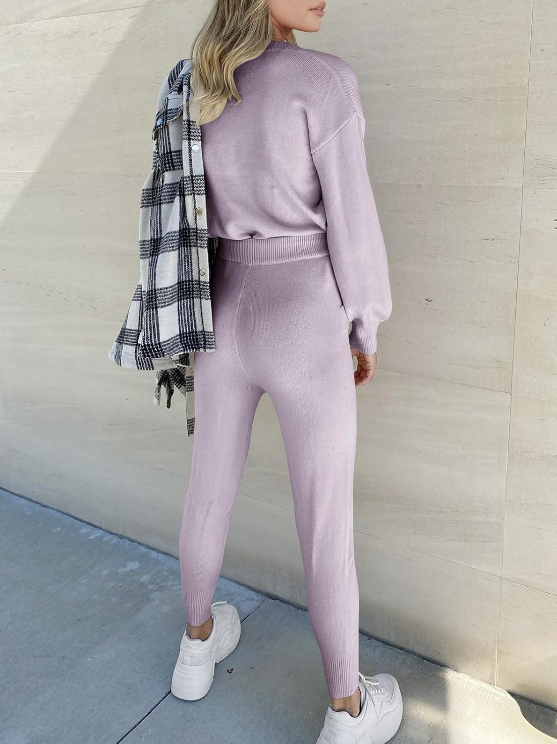 imageANRABESS Womens Two Piece Outfits Sweater Sets Long Sleeve Knit Pullover and Jogger Pants Tracksuit Lounge Set 2024 ClothesLight Pruple