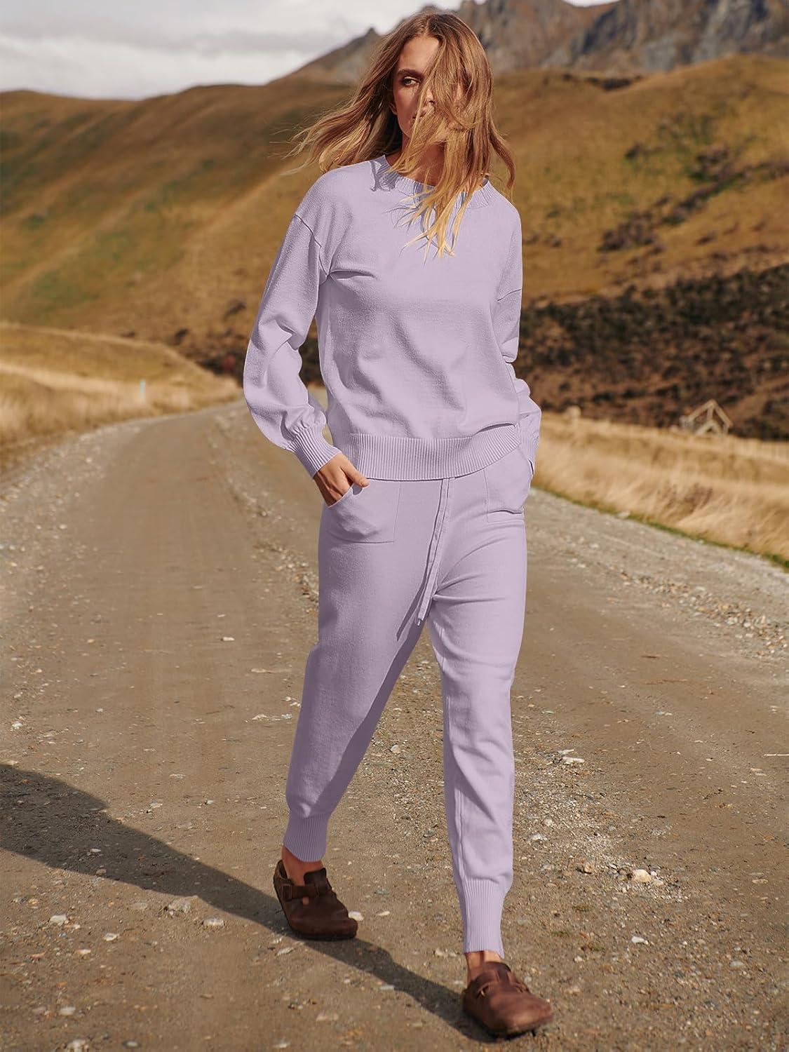 imageANRABESS Womens Two Piece Outfits Sweater Sets Long Sleeve Knit Pullover and Jogger Pants Tracksuit Lounge Set 2024 ClothesLight Pruple