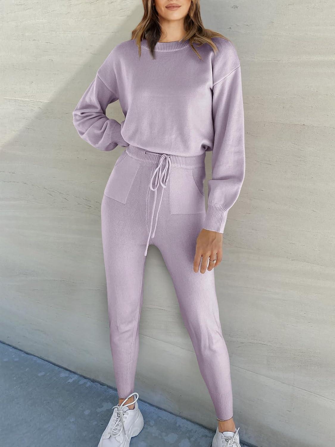 imageANRABESS Womens Two Piece Outfits Sweater Sets Long Sleeve Knit Pullover and Jogger Pants Tracksuit Lounge Set 2024 ClothesLight Pruple