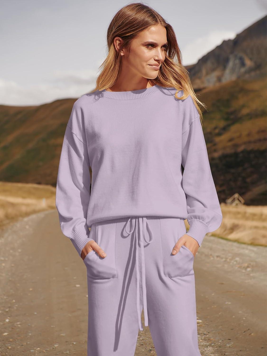 imageANRABESS Womens Two Piece Outfits Sweater Sets Long Sleeve Knit Pullover and Jogger Pants Tracksuit Lounge Set 2024 ClothesLight Pruple