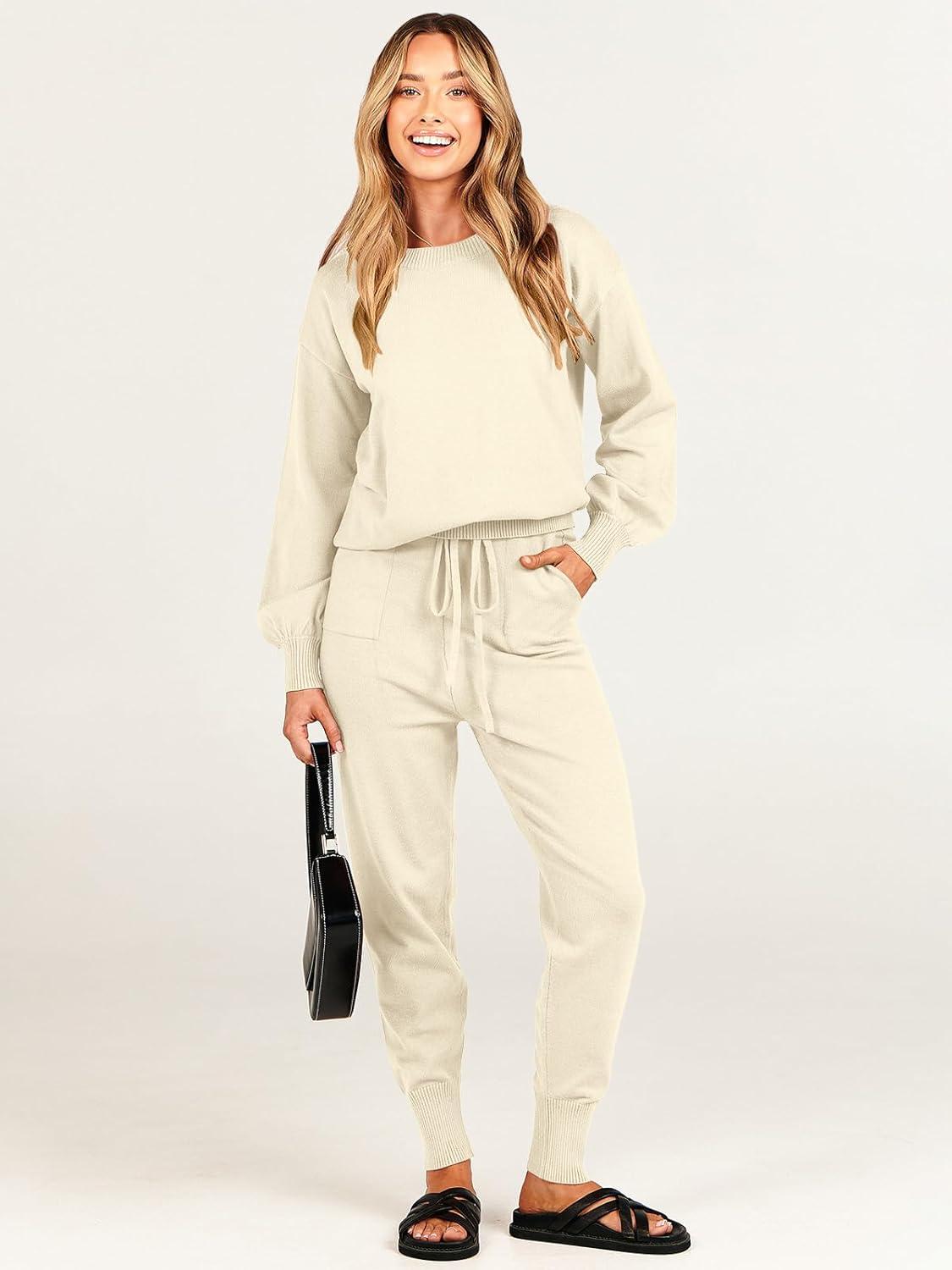 imageANRABESS Womens Two Piece Outfits Sweater Sets Long Sleeve Knit Pullover and Jogger Pants Tracksuit Lounge Set 2024 ClothesPink Apricot