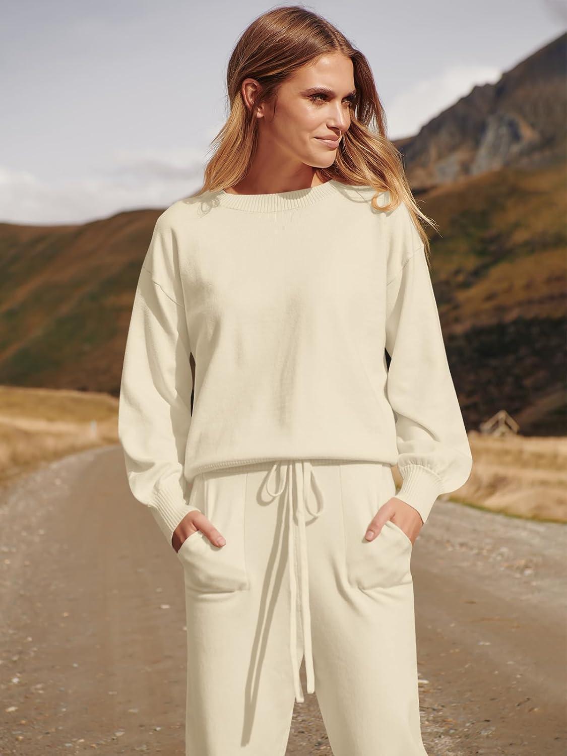 imageANRABESS Womens Two Piece Outfits Sweater Sets Long Sleeve Knit Pullover and Jogger Pants Tracksuit Lounge Set 2024 ClothesPink Apricot