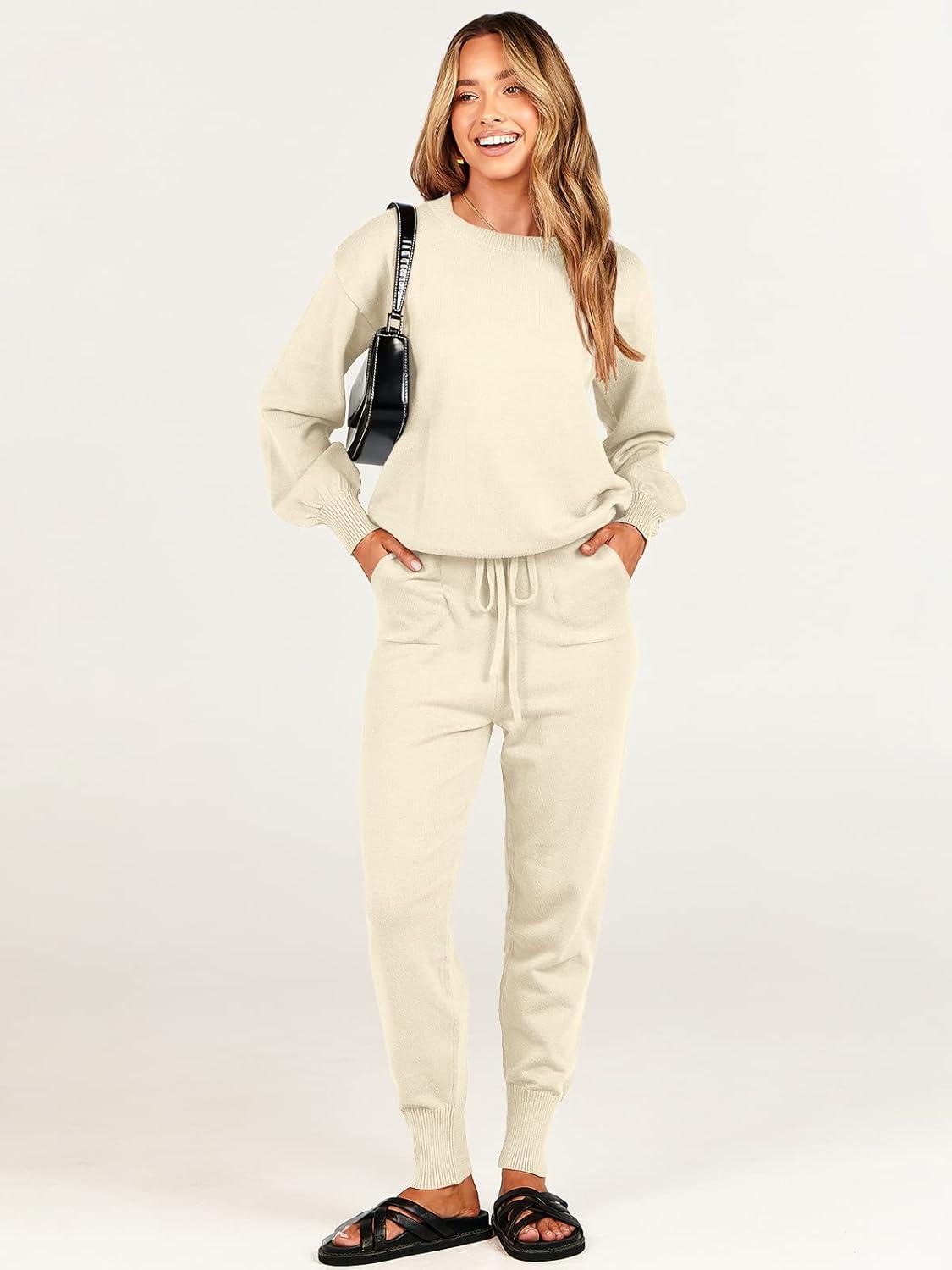 imageANRABESS Womens Two Piece Outfits Sweater Sets Long Sleeve Knit Pullover and Jogger Pants Tracksuit Lounge Set 2024 ClothesPink Apricot