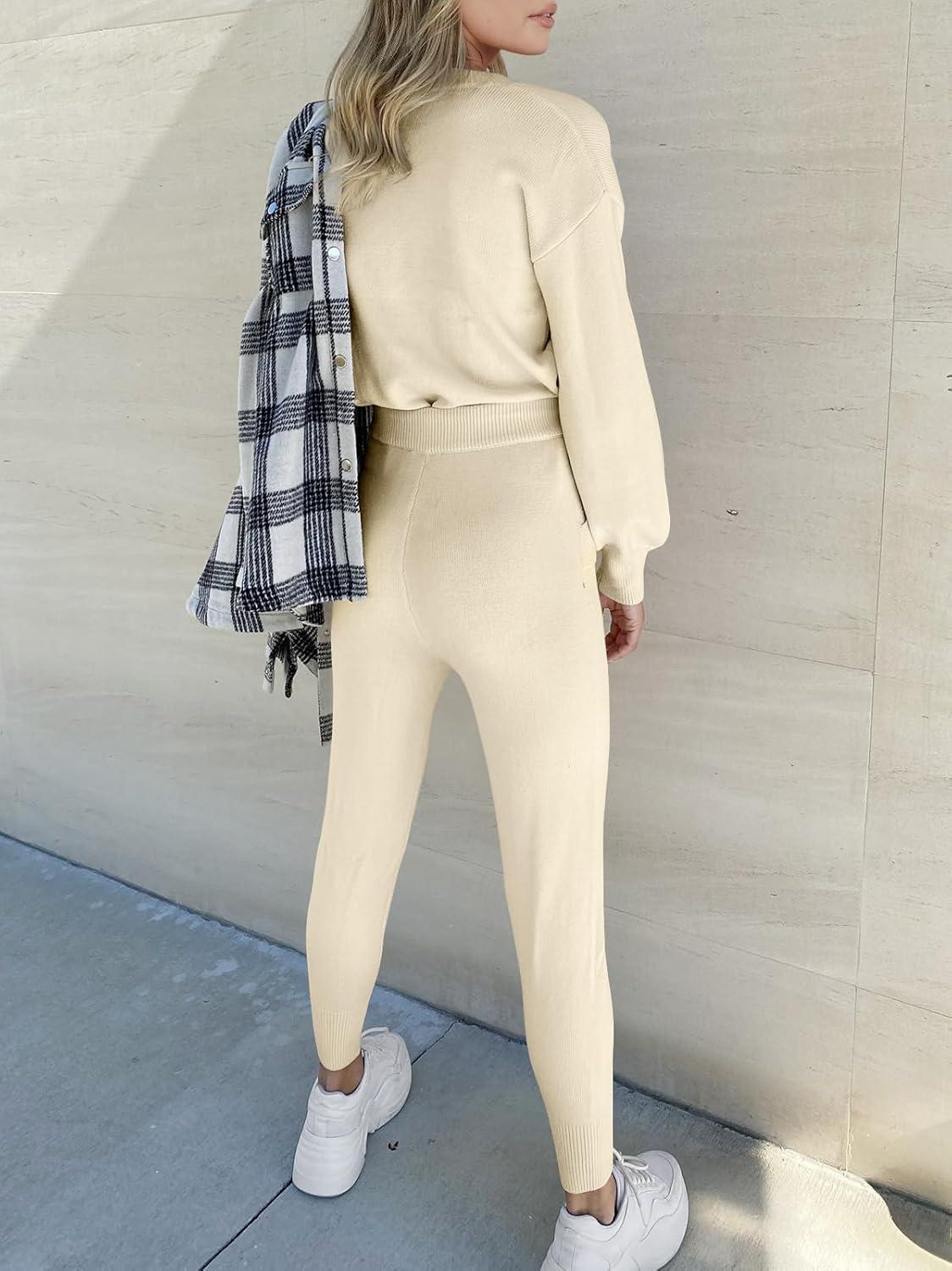 imageANRABESS Womens Two Piece Outfits Sweater Sets Long Sleeve Knit Pullover and Jogger Pants Tracksuit Lounge Set 2024 ClothesPink Apricot