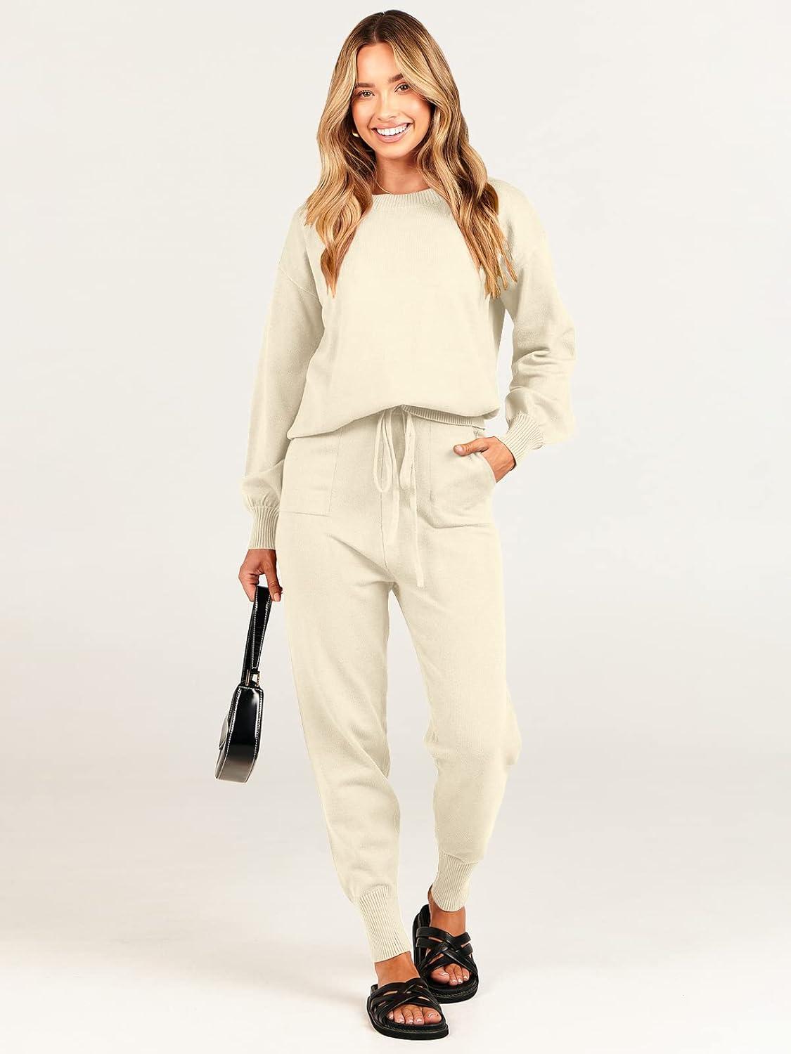 imageANRABESS Womens Two Piece Outfits Sweater Sets Long Sleeve Knit Pullover and Jogger Pants Tracksuit Lounge Set 2024 ClothesPink Apricot