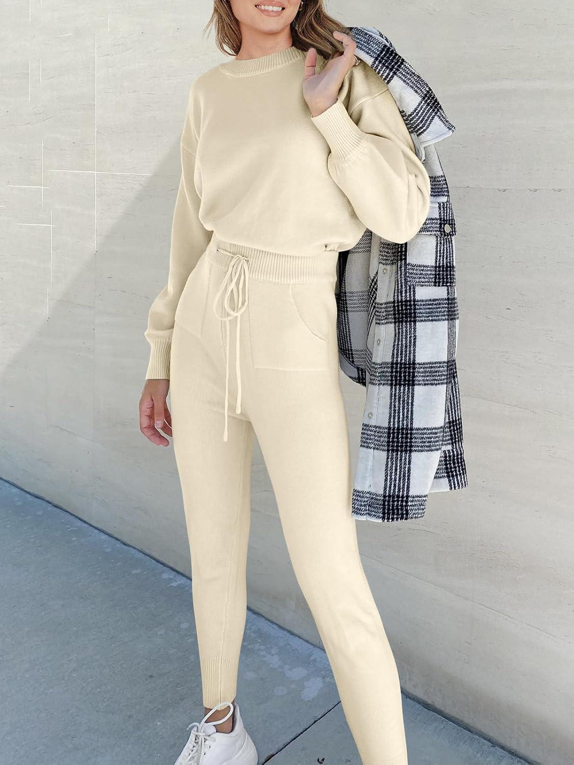 imageANRABESS Womens Two Piece Outfits Sweater Sets Long Sleeve Knit Pullover and Jogger Pants Tracksuit Lounge Set 2024 ClothesPink Apricot