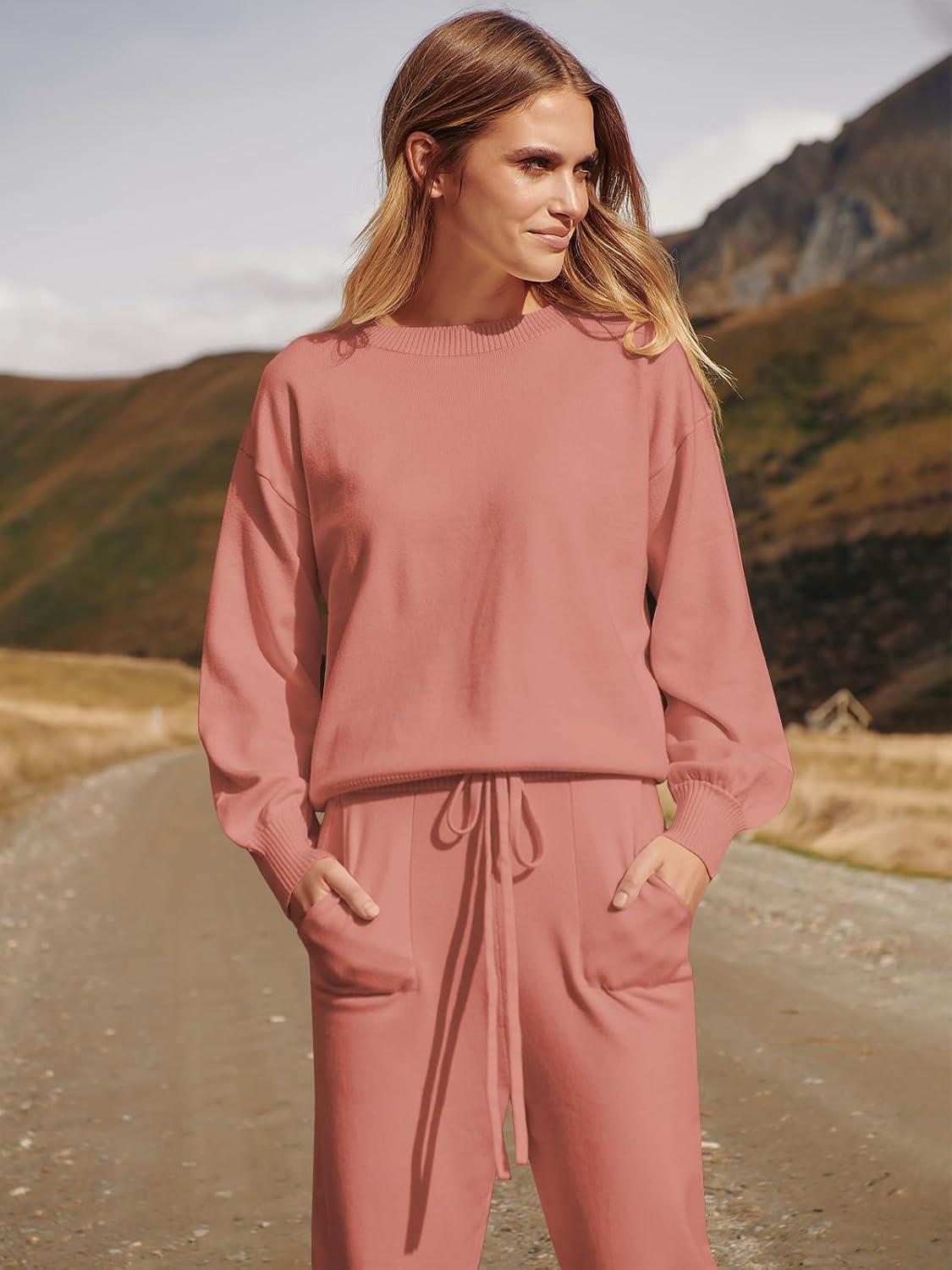 imageANRABESS Womens Two Piece Outfits Sweater Sets Long Sleeve Knit Pullover and Jogger Pants Tracksuit Lounge Set 2024 ClothesRusty Red