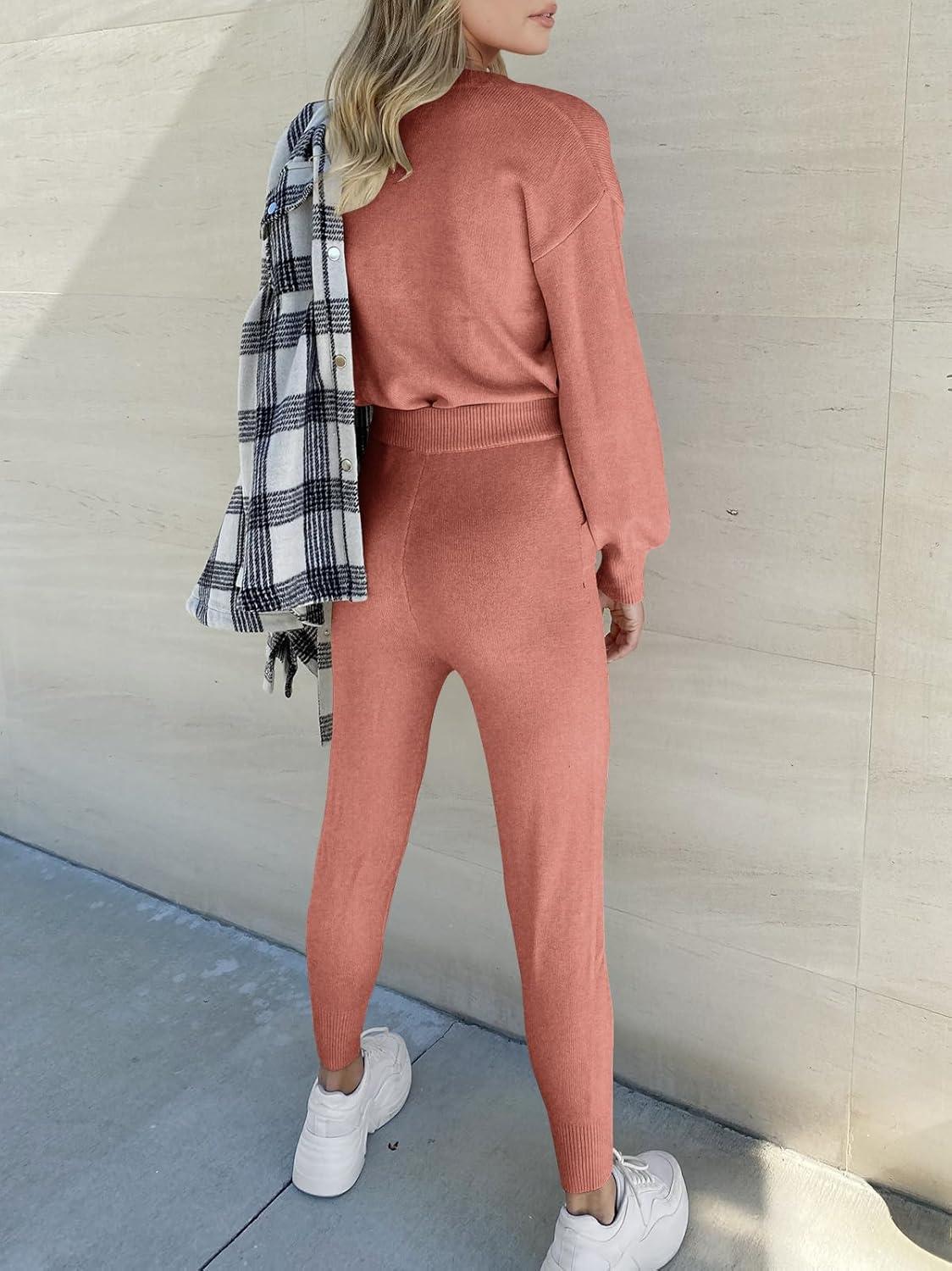imageANRABESS Womens Two Piece Outfits Sweater Sets Long Sleeve Knit Pullover and Jogger Pants Tracksuit Lounge Set 2024 ClothesRusty Red