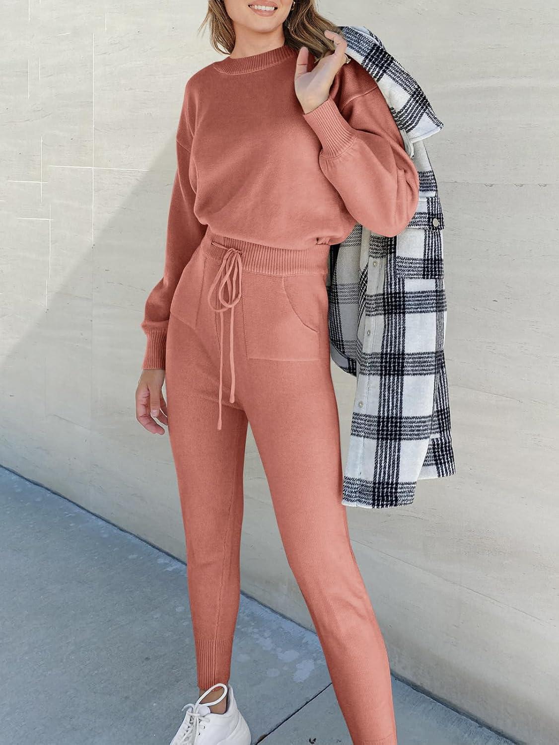 imageANRABESS Womens Two Piece Outfits Sweater Sets Long Sleeve Knit Pullover and Jogger Pants Tracksuit Lounge Set 2024 ClothesRusty Red