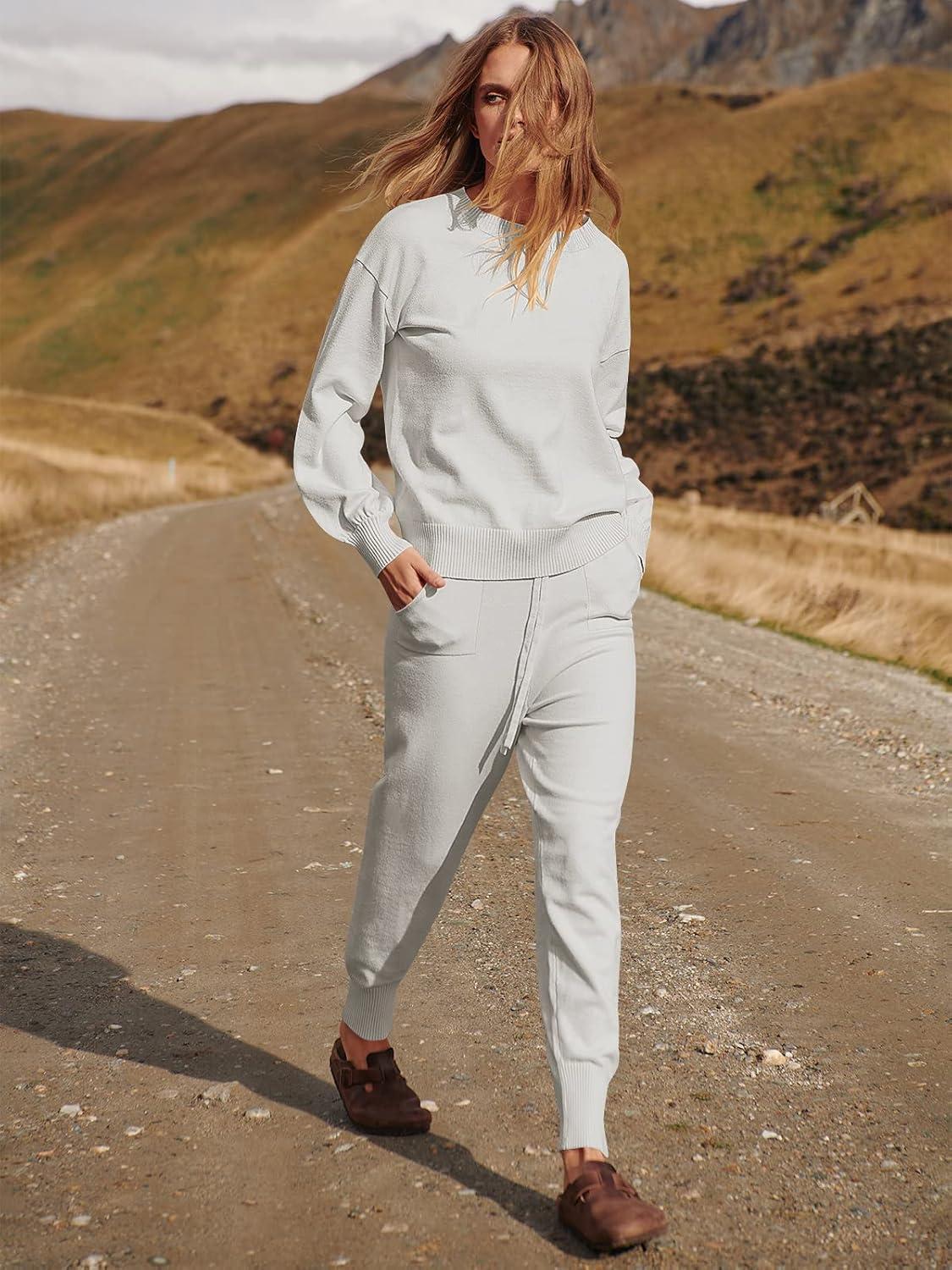 imageANRABESS Womens Two Piece Outfits Sweater Sets Long Sleeve Knit Pullover and Jogger Pants Tracksuit Lounge Set 2024 ClothesSilver Grey
