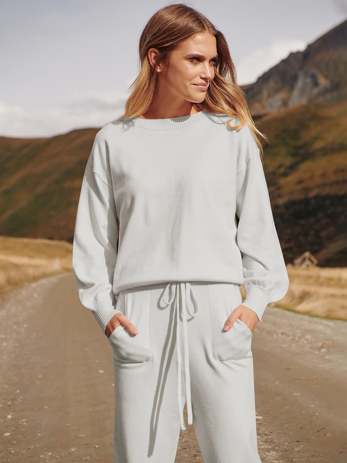 imageANRABESS Womens Two Piece Outfits Sweater Sets Long Sleeve Knit Pullover and Jogger Pants Tracksuit Lounge Set 2024 ClothesSilver Grey