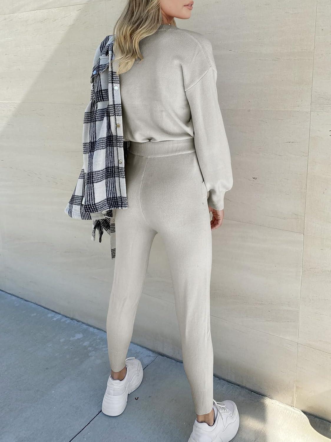 imageANRABESS Womens Two Piece Outfits Sweater Sets Long Sleeve Knit Pullover and Jogger Pants Tracksuit Lounge Set 2024 ClothesSilver Grey