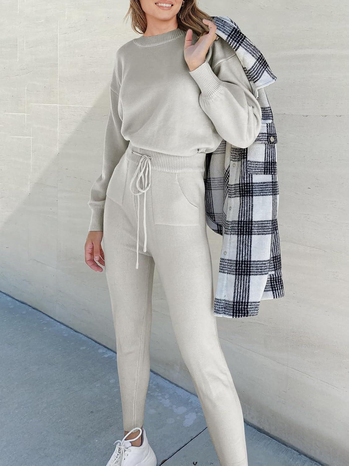 imageANRABESS Womens Two Piece Outfits Sweater Sets Long Sleeve Knit Pullover and Jogger Pants Tracksuit Lounge Set 2024 ClothesSilver Grey