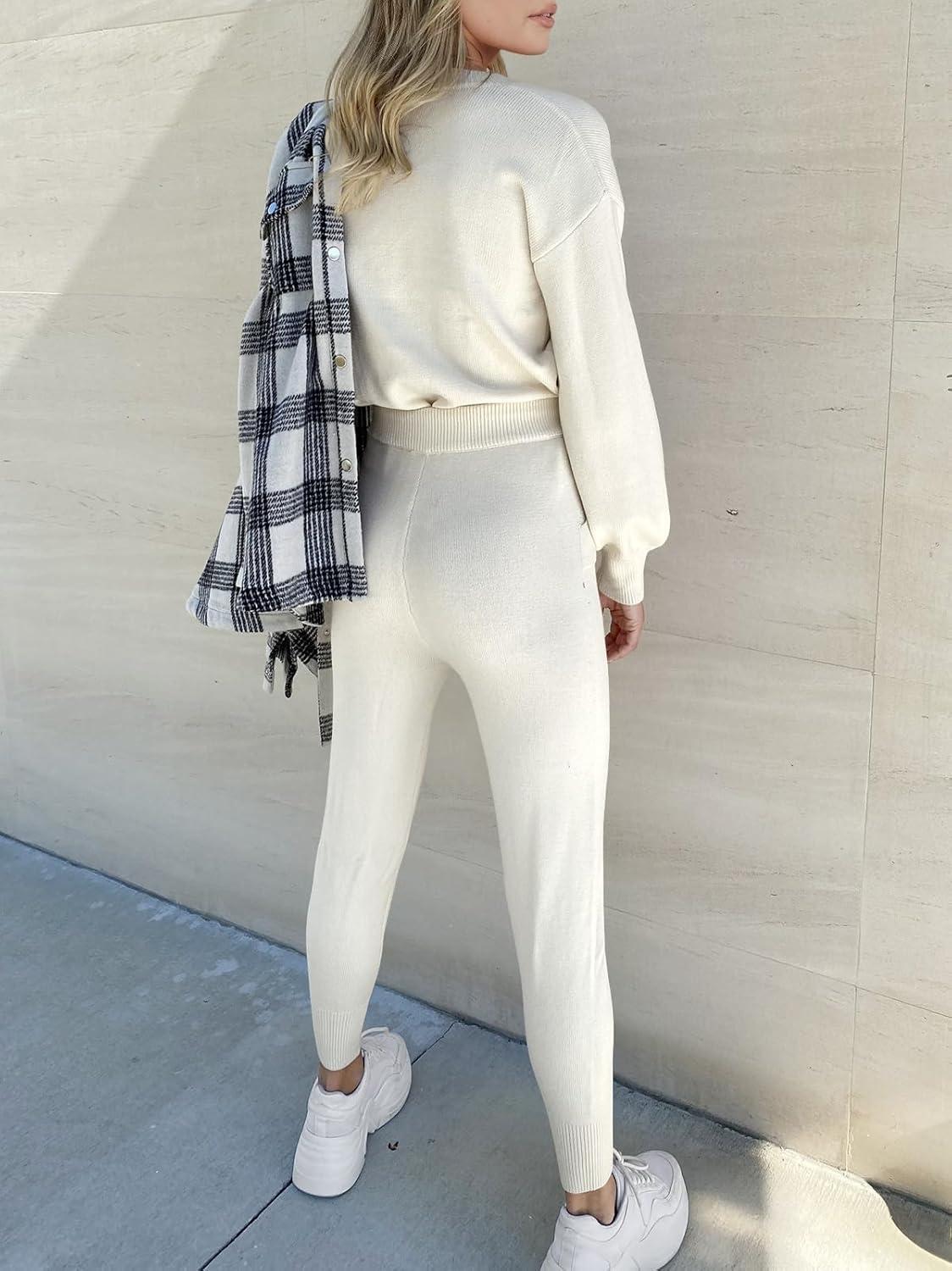 imageANRABESS Womens Two Piece Outfits Sweater Sets Long Sleeve Knit Pullover and Jogger Pants Tracksuit Lounge Set 2024 ClothesWhite