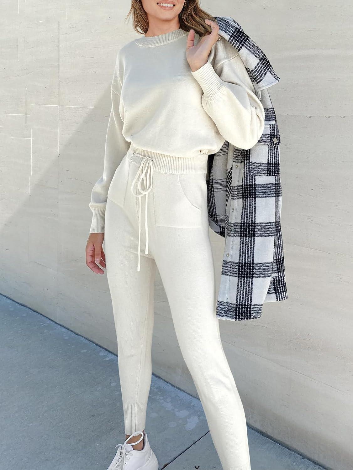 imageANRABESS Womens Two Piece Outfits Sweater Sets Long Sleeve Knit Pullover and Jogger Pants Tracksuit Lounge Set 2024 ClothesWhite