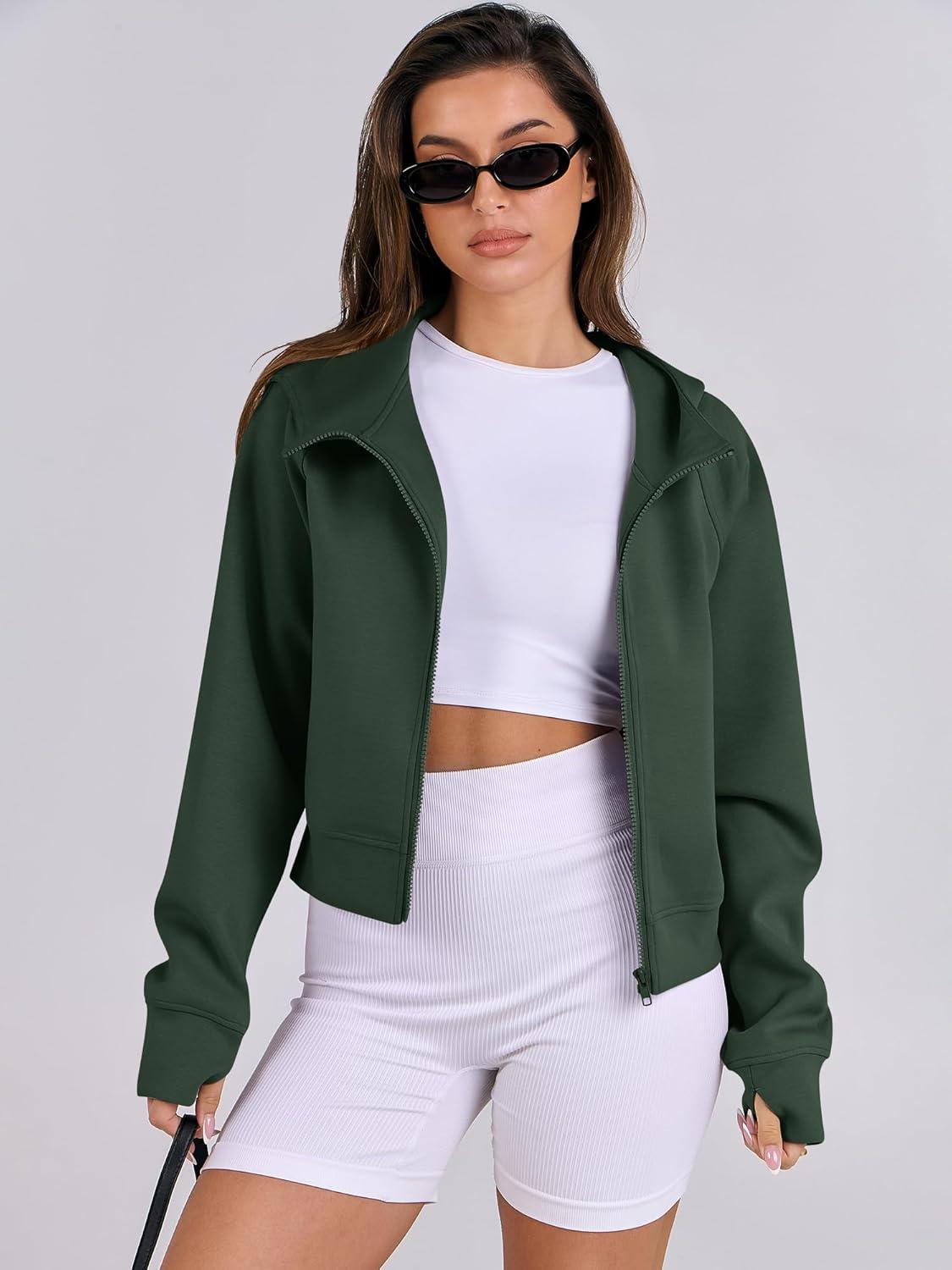 imageANRABESS Womens Zip Up Hoodies Cropped Sweatshirts Fleece Jackets Fall Outfits Casual Hooded Y2k Tops Winter Clothes 2025Dark Green