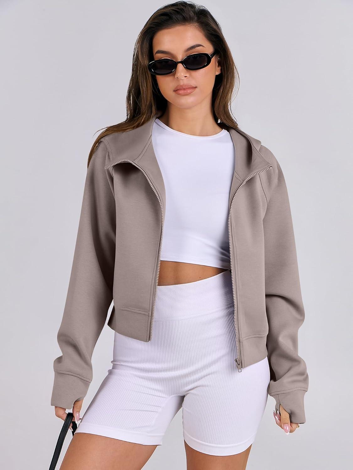 imageANRABESS Womens Zip Up Hoodies Cropped Sweatshirts Fleece Jackets Fall Outfits Casual Hooded Y2k Tops Winter Clothes 2025Light Khaki