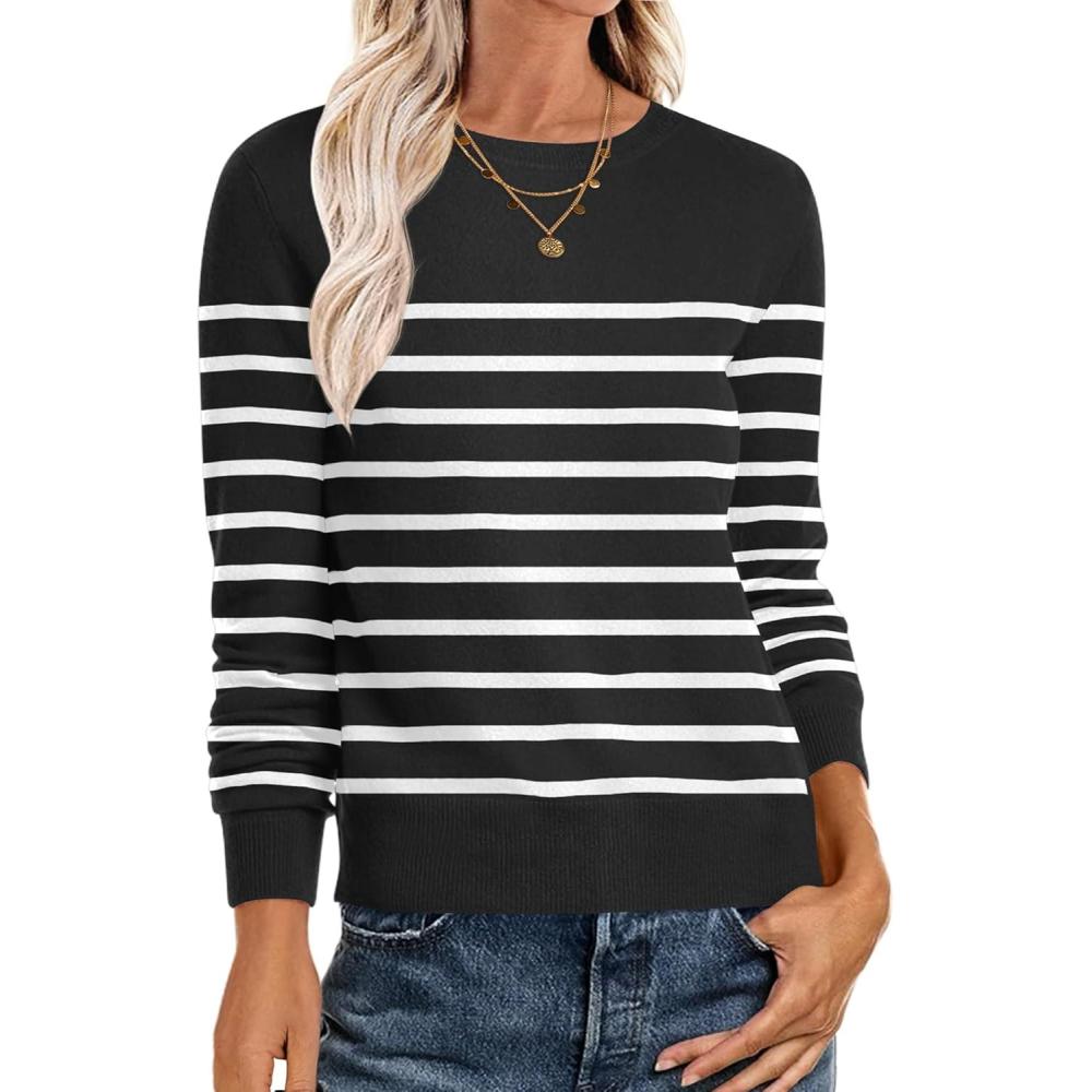 imageANRABESS Womens Long Sleeve Crewneck Classic 2025 Fall Soft Basic Pullover Sweaters TopBlack White