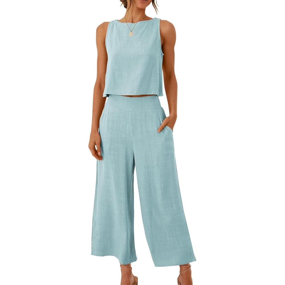 imageANRABESS Womens Summer 2 Piece Outfits Sleeveless Crop Top Capri Wide Leg Pants Jumpsuit Linen Lounge Beach Travel SetsBlue