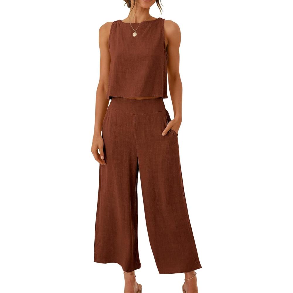 imageANRABESS Womens Summer 2 Piece Outfits Sleeveless Crop Top Capri Wide Leg Pants Jumpsuit Linen Lounge Beach Travel SetsBrown