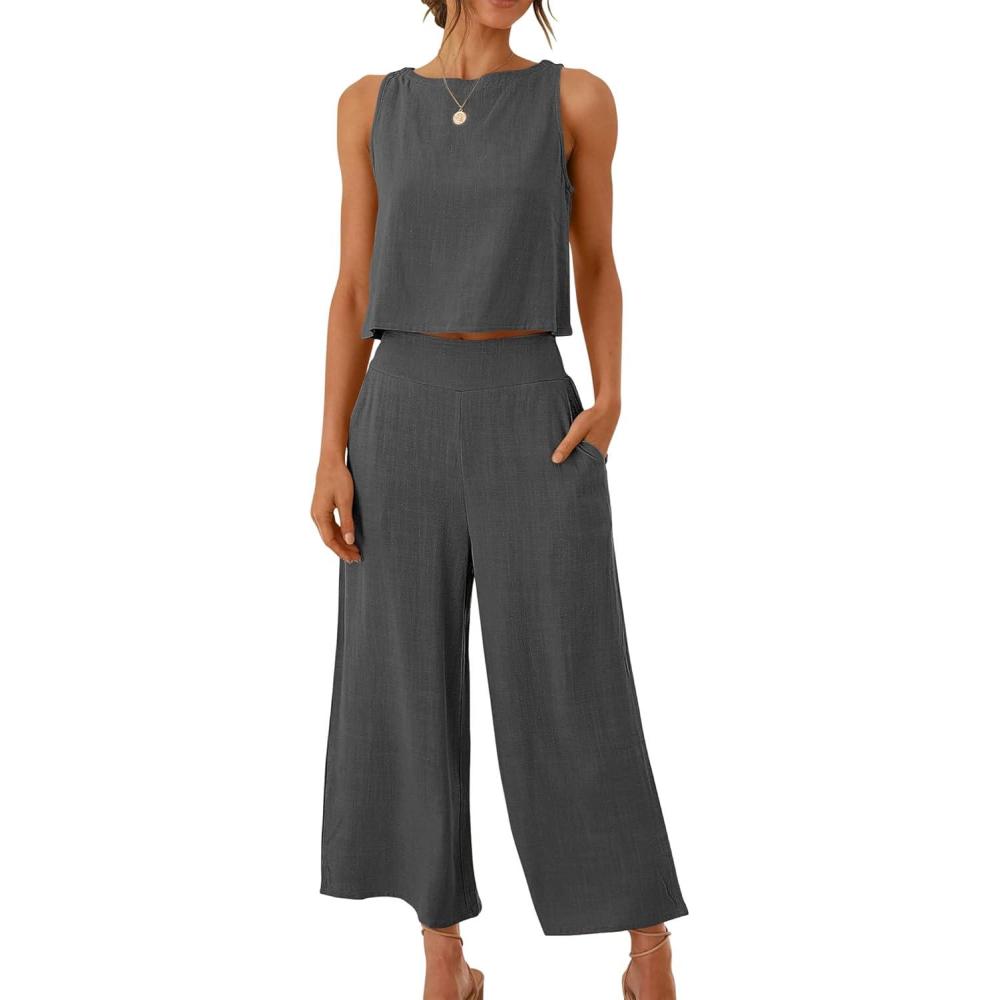 imageANRABESS Womens Summer 2 Piece Outfits Sleeveless Crop Top Capri Wide Leg Pants Jumpsuit Linen Lounge Beach Travel SetsGray