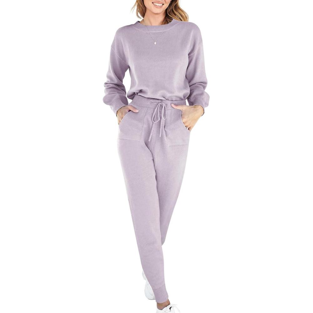 imageANRABESS Womens Two Piece Outfits Sweater Sets Long Sleeve Knit Pullover and Jogger Pants Tracksuit Lounge Set 2024 ClothesLight Pruple