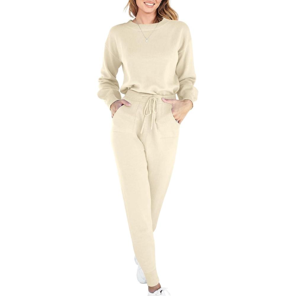 imageANRABESS Womens Two Piece Outfits Sweater Sets Long Sleeve Knit Pullover and Jogger Pants Tracksuit Lounge Set 2024 ClothesPink Apricot