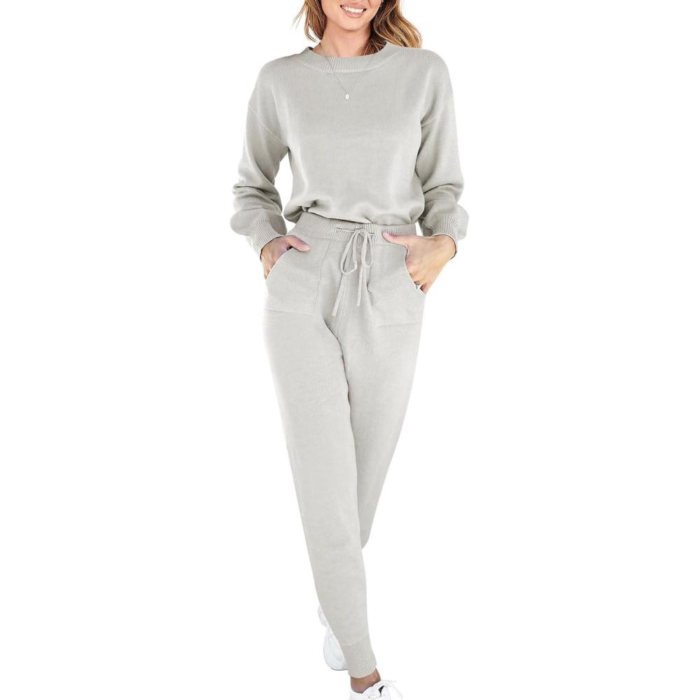 imageANRABESS Womens Two Piece Outfits Sweater Sets Long Sleeve Knit Pullover and Jogger Pants Tracksuit Lounge Set 2024 ClothesSilver Grey