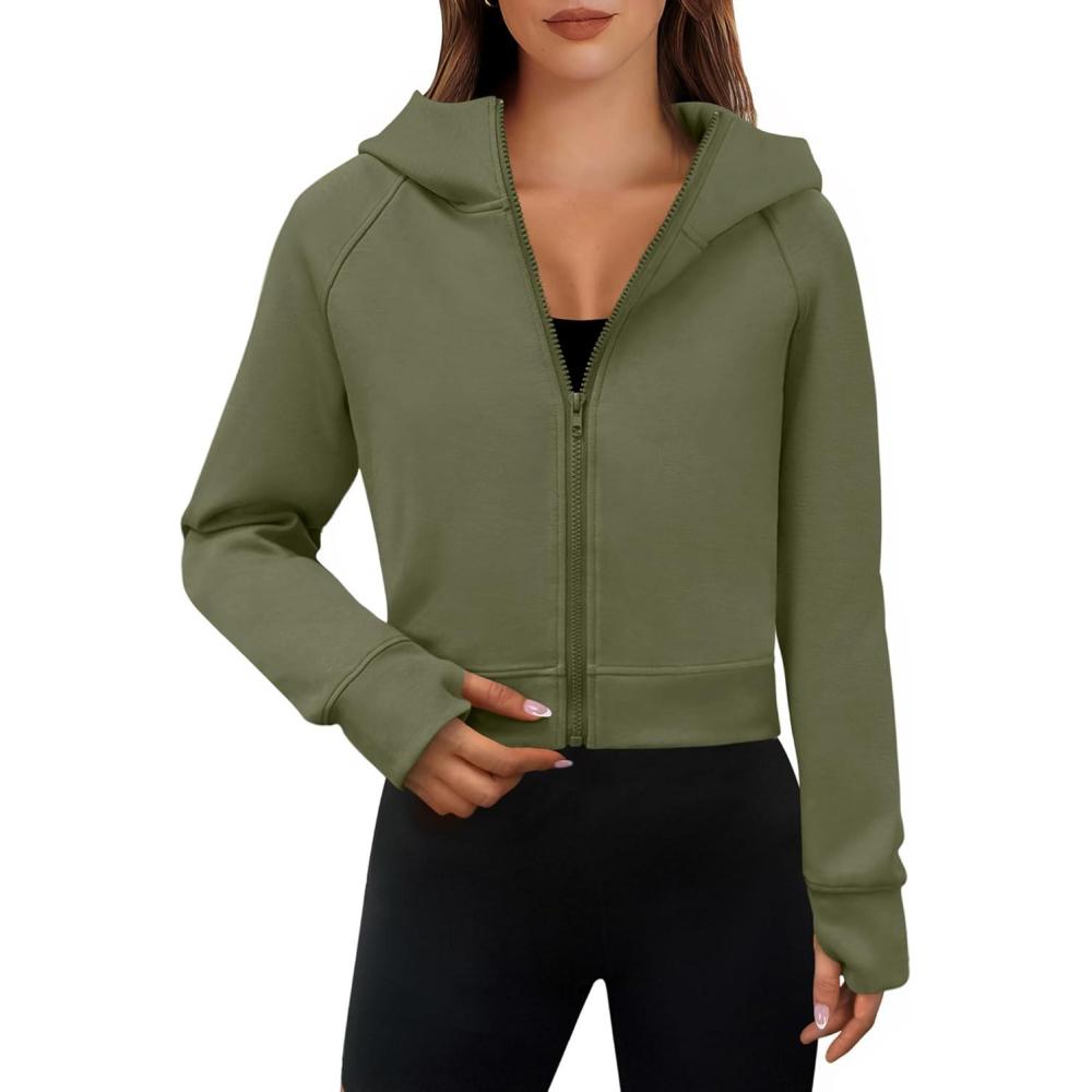 imageANRABESS Womens Zip Up Hoodies Cropped Sweatshirts Fleece Jackets Fall Outfits Casual Hooded Y2k Tops Winter Clothes 2025Army Green