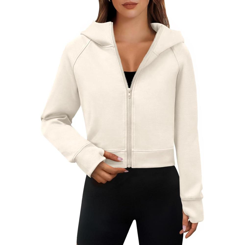 imageANRABESS Womens Zip Up Hoodies Cropped Sweatshirts Fleece Jackets Fall Outfits Casual Hooded Y2k Tops Winter Clothes 2025Beige