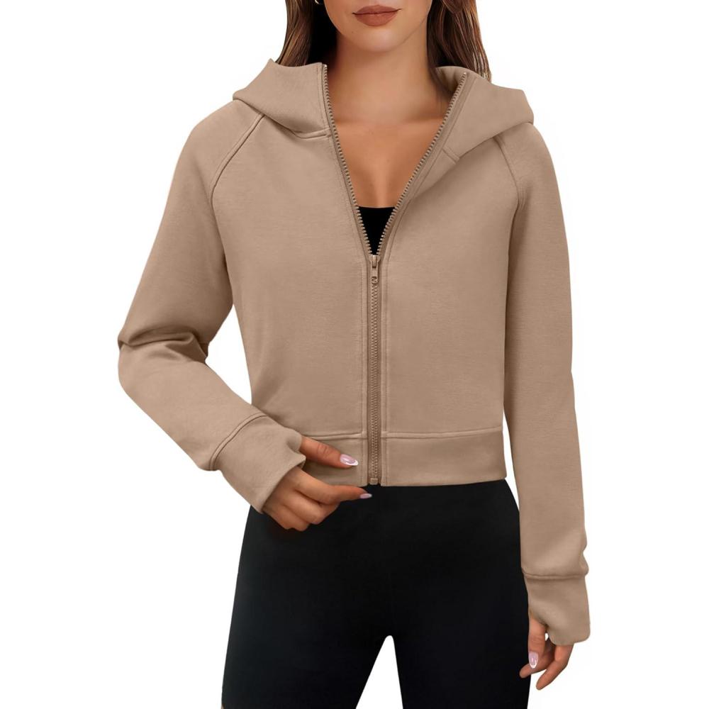 imageANRABESS Womens Zip Up Hoodies Cropped Sweatshirts Fleece Jackets Fall Outfits Casual Hooded Y2k Tops Winter Clothes 2025Khaki