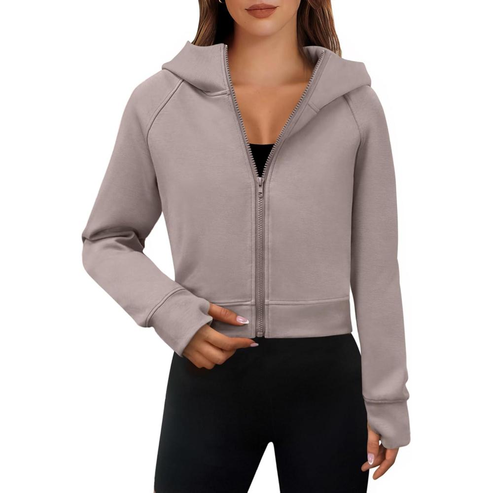 imageANRABESS Womens Zip Up Hoodies Cropped Sweatshirts Fleece Jackets Fall Outfits Casual Hooded Y2k Tops Winter Clothes 2025Light Khaki