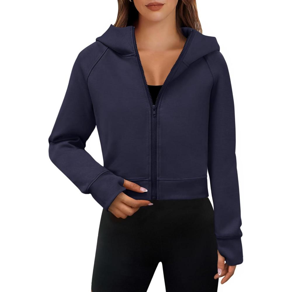 imageANRABESS Womens Zip Up Hoodies Cropped Sweatshirts Fleece Jackets Fall Outfits Casual Hooded Y2k Tops Winter Clothes 2025Navy Blue