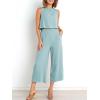 imageANRABESS Womens Summer 2 Piece Outfits Sleeveless Crop Top Capri Wide Leg Pants Jumpsuit Linen Lounge Beach Travel SetsBlue