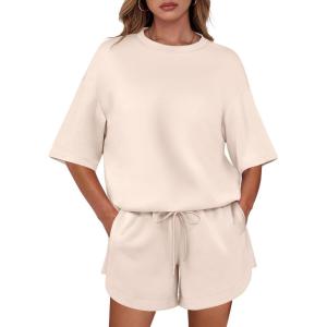 imageANRABESS Two Piece Outfits Oversized Top Lounge Shorts Matching Sets 2025 Summer Fashion Sweatsuits Travel Airport ClothesApricot