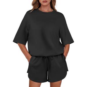 imageANRABESS Two Piece Outfits Oversized Top Lounge Shorts Matching Sets 2025 Summer Fashion Sweatsuits Travel Airport ClothesBlack