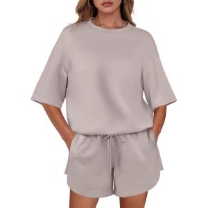 imageANRABESS Two Piece Outfits Oversized Top Lounge Shorts Matching Sets 2025 Summer Fashion Sweatsuits Travel Airport ClothesLight Khaki