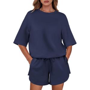 imageANRABESS Two Piece Outfits Oversized Top Lounge Shorts Matching Sets 2025 Summer Fashion Sweatsuits Travel Airport ClothesNavy Blue