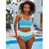 imageANRABESS Bikini Sets for Women 2 Piece High Waisted Tummy Control Color Block Summer Beach Swimsuit Ribbed Swim Bathing SuitBlue Green