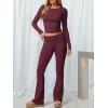 imageANRABESS Women 2 Piece Outfits Lightweight Lounge Sets Long Sleeve Cropped Top Foldover Flare Pants Pajamas Set Y2K ClothesBrown Red