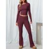 imageANRABESS Women 2 Piece Outfits Lightweight Lounge Sets Long Sleeve Cropped Top Foldover Flare Pants Pajamas Set Y2K ClothesBrown Red