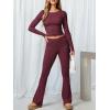 imageANRABESS Women 2 Piece Outfits Lightweight Lounge Sets Long Sleeve Cropped Top Foldover Flare Pants Pajamas Set Y2K ClothesBrown Red