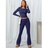 imageANRABESS Women 2 Piece Outfits Lightweight Lounge Sets Long Sleeve Cropped Top Foldover Flare Pants Pajamas Set Y2K ClothesNavy Blue