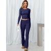 imageANRABESS Women 2 Piece Outfits Lightweight Lounge Sets Long Sleeve Cropped Top Foldover Flare Pants Pajamas Set Y2K ClothesNavy Blue