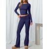 imageANRABESS Women 2 Piece Outfits Lightweight Lounge Sets Long Sleeve Cropped Top Foldover Flare Pants Pajamas Set Y2K ClothesNavy Blue
