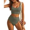 imageANRABESS Bikini Sets for Women 2 Piece High Waisted Tummy Control Color Block Summer Beach Swimsuit Ribbed Swim Bathing SuitArmy Green