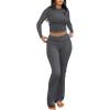 imageANRABESS Women 2 Piece Outfits Lightweight Lounge Sets Long Sleeve Cropped Top Foldover Flare Pants Pajamas Set Y2K ClothesDeep Grey