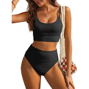 imageANRABESS Bikini Sets for Women 2 Piece High Waisted Tummy Control Color Block Summer Beach Swimsuit Ribbed Swim Bathing SuitBlack