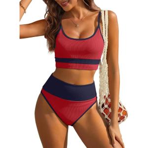 imageANRABESS Bikini Sets for Women 2 Piece High Waisted Tummy Control Color Block Summer Beach Swimsuit Ribbed Swim Bathing SuitRed Navy